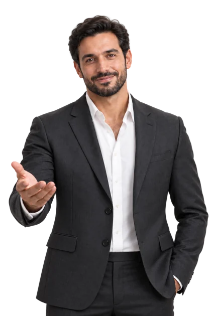 Omnexa’s virtual host, smiling in a charcoal suit